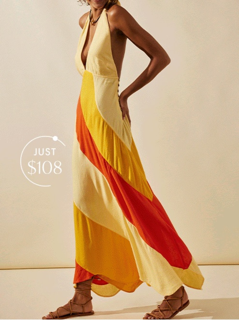 Free People Yellow Orange Cream Colorblock Halter Maxi Dress
